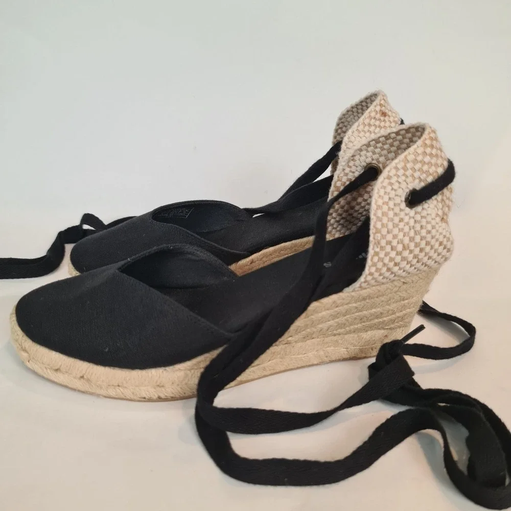 Soludos Black Canvas Marseille Wedge Lace Up Espadrille Sandals Womens Size 8